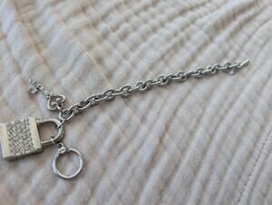 bebe Silver Tone Lock & Key Key Chain Rhinestone Accents charm bracelet 9 in